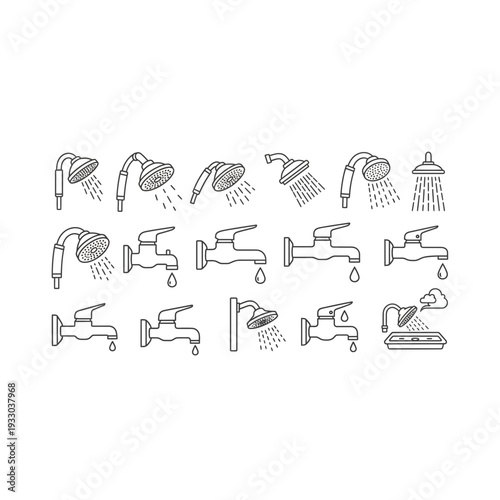 Faucets & Shower Heads Icon Set: Plumbing, Bathroom, and Water Fixtures