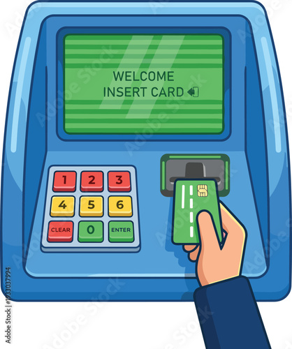 ATM machine illustration with hand inserting bank card representing cash withdrawal, electronic payment and modern banking technology concept in flat design