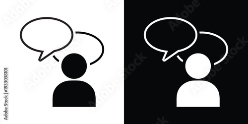 Minimalist vector icon of a person with a round thought bubble containing three dots. Represents thinking, processing, internal dialogue, and psychological reflection in a clean flat style.