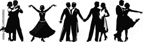 Ballroom dance silhouettes, couples dancing, waltz tango foxtrot, elegant dresses, tuxedos, performance poses, vector illustration, black figures, white background, formal dance