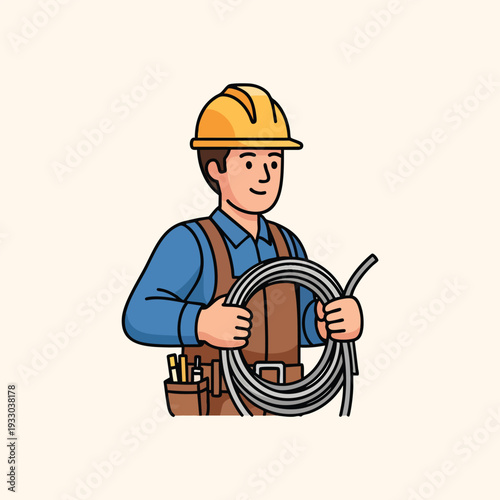 A cartoon construction worker with a yellow hard hat and brown overalls holds a coil of gray wire, smiling. A tool pouch hangs at his side