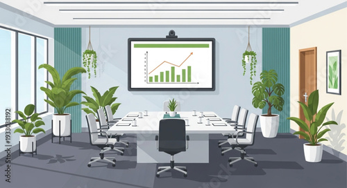 Modern conference room with a large screen and chairs around the table.