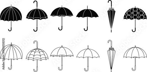 Black and white umbrella icons set featuring open and closed parasol silhouettes with different patterns for rain protection weather design