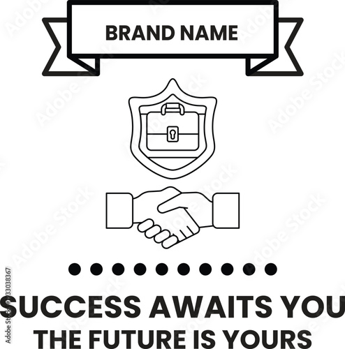 A white and black image of two hands shaking with a brand name