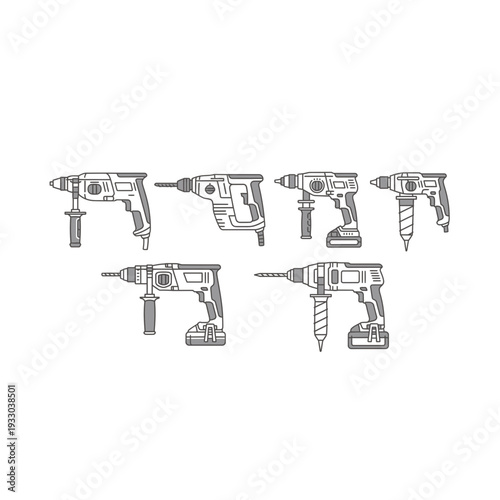 Modern Rotary Hammer Drills: Technical Line Drawings for Construction