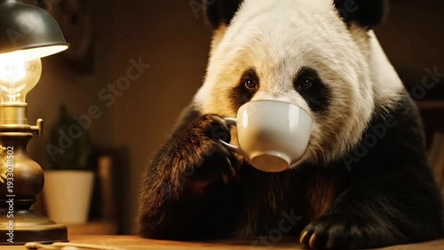 Panda Enjoying Steaming Hot Beverage At Desk