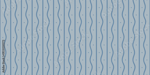 Blue seamless pattern with hand drawn wavy lines, vertical stripes and dots. Geometrical texture. Modern background.