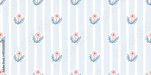 Floral seamless pattern with hand drawn pink flowers on light blue striped background. Cottagecore floral texture. Modern background.