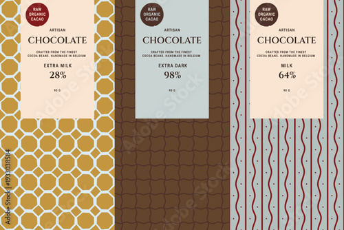 Set of seamless patterns for chocolate packaging with artisan label design templates. Confectionery branding. Wrapping paper