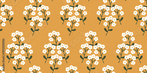 Floral seamless pattern with hand drawn white flowers on mustard yellow background. Grandmillennial floral texture. Retro-inspired background.