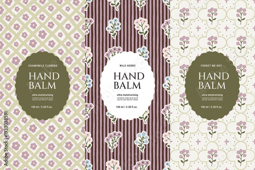 Seamless floral patterns set for hand balm packaging with hand-drawn botanical illustrations and label templates