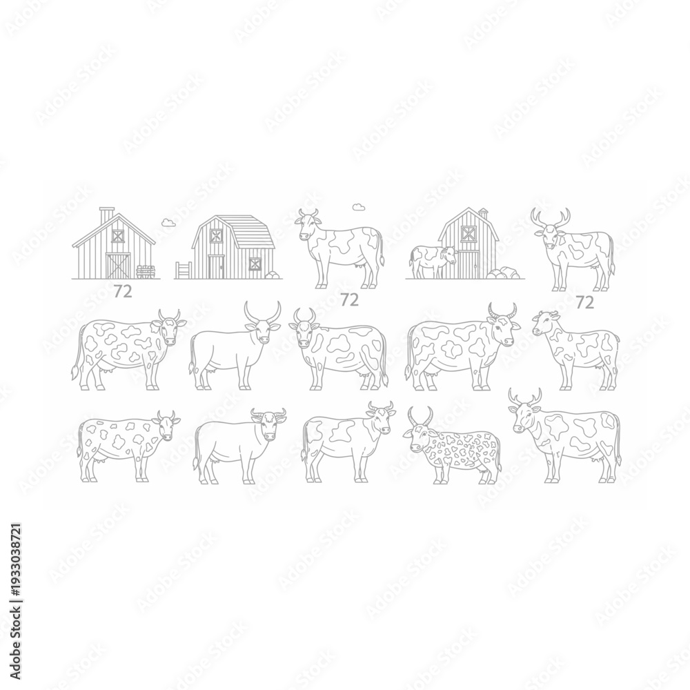 Naklejka premium Farm Animals and Barns Vector Line Art Icons Collection