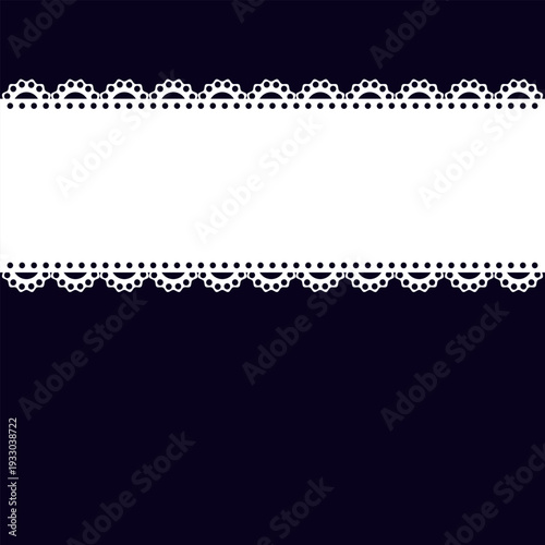 Vintage white lace border on dark background with copy space. Elegant decorative frame for invitations, cards, banners, and branding.