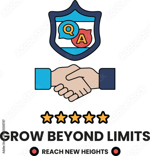 A white logo with a handshake and a shield with the letters QA on it