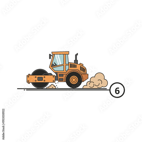 Road Roller Working - Compacting Soil with Dust Cloud