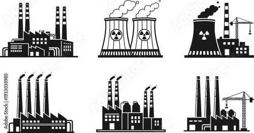 Black factory and power plant icons set featuring nuclear energy cooling towers, industrial buildings, chimneys, and manufacturing facility for energy design
