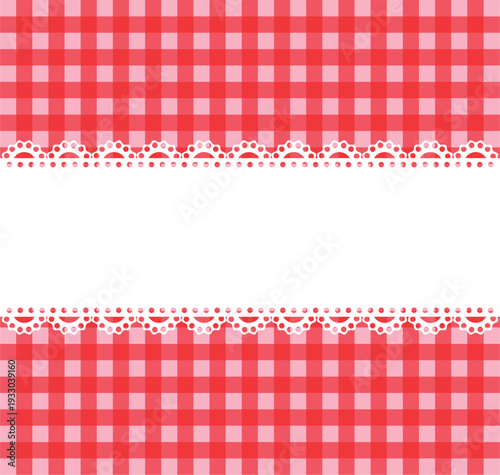 Vintage white lace border on checkered background with copy space. Elegant decorative frame for invitations, cards, banners, and branding.