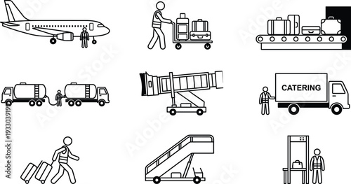 Airport ground handling icons collection featuring aircraft service, baggage transport, catering truck, passenger boarding and aviation operations outline symbols