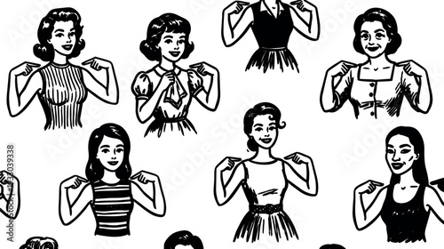 Retro cartoon fifties repeat pattern women pointing at themselves smiling in dresses hand drawn black and white seamless vector art