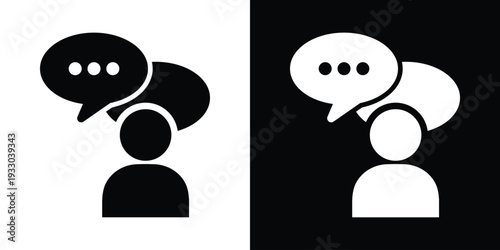 Minimalist vector icon of a person with a round thought bubble containing three dots. Represents thinking, processing, internal dialogue, and psychological reflection in a clean flat style.