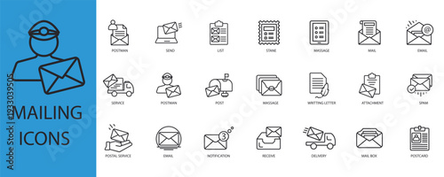 mailing icons set outline and Flat Style,transparent background