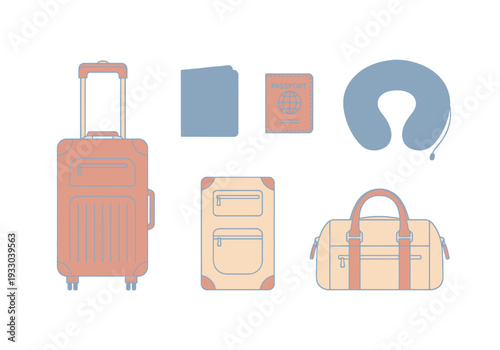 Travel Essentials Collection For Journey Preparation Including Luggage Bags Passport And Neck Cushion
