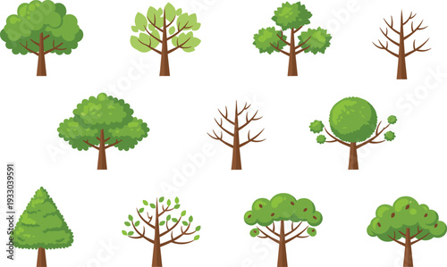 Large collection of flat vector green tree illustrations with various leaf shapes and autumn dry branches isolated on white background for landscape nature designs