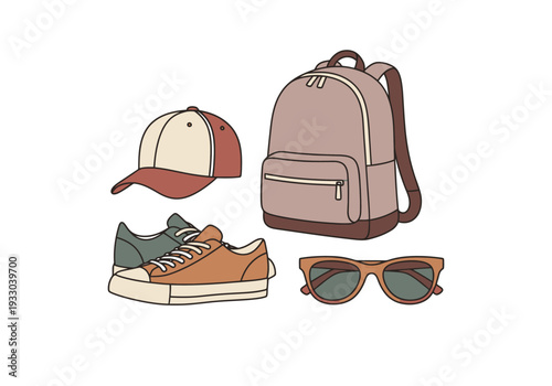 Everyday Carry Items Including Backpack Shoes Baseball Cap and Sunglasses for Casual Outings and Travel