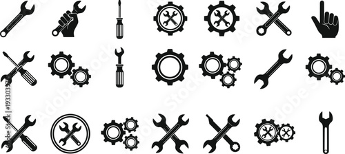 Black mechanical tool icon set, wrench screwdriver gear symbols, repair maintenance engineering vector design, technical service illustration collection, hand tool graphics