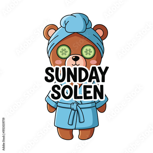 Teddy bear relaxing on a lazy Sunday morning, enjoying a spa day with cucumber slices on its eyes, wearing a bathrobe and towel turban