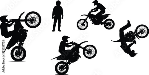 Black motorcycle stunt rider silhouettes, extreme sports vector design, motocross tricks, wheelie jump flip action, helmet gear motorbike illustration set