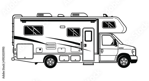 Line art illustration of a recreational vehicle showing a detailed side profile