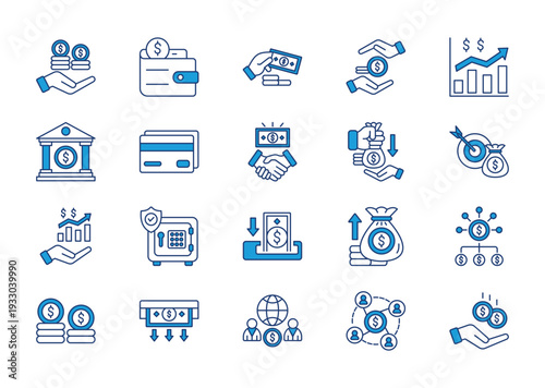Finance thin blue icon set. Containing finance, wallet, cash, savings, growth, bank . Vector illustration