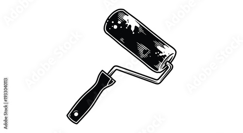 Black and white illustration of a paint roller with splattered paint design
