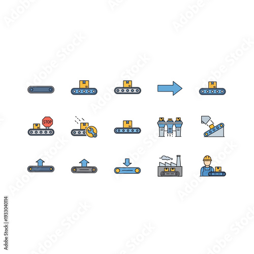 Conveyor Belt System Icons for Logistics and Manufacturing