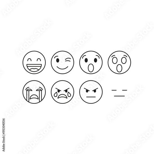 Set of Outline Emoji Faces: Joy, Surprise, Anger, Sadness, Playfulness
