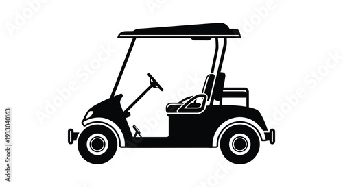Black and white silhouette of a golf cart viewed from the side