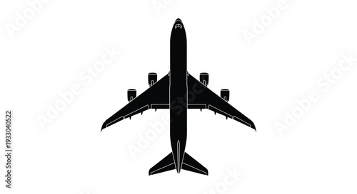 A stark silhouette of a passenger airplane viewed directly from above