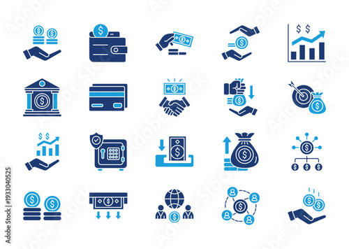 Finance thin solid icon set. Containing finance, wallet, cash, savings, growth, bank . Vector illustration
