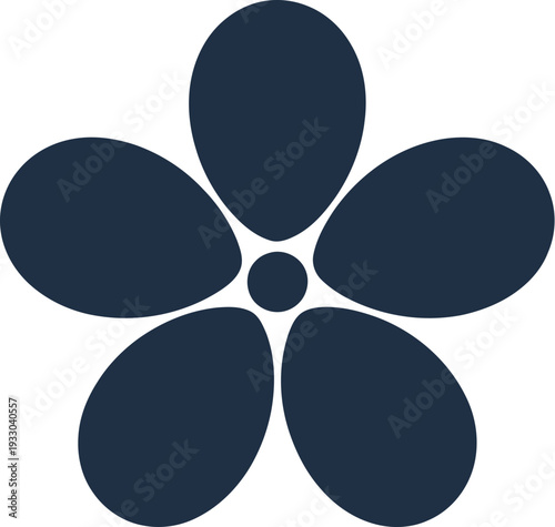 A dark blue flower illustration with six petals and a central circle viewed from directly above