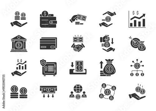 Finance thin glyph icon set. Containing finance, wallet, cash, savings, growth, bank . Vector illustration