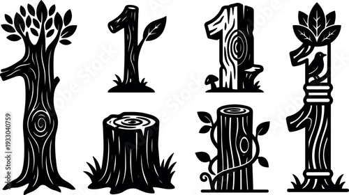 Woodcut style carved number one tree icons set with stump vine bird and log close up ornamental vector art illustrations