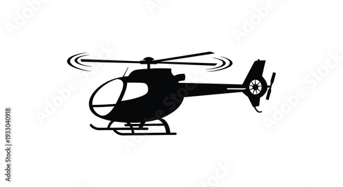 A black silhouette of a helicopter in flight against a white background