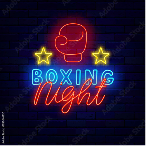 Boxing night neon label signboard. Glowing advertising. Power sport. Glowing sign. Light banner. Boxing glove with stars. Editable stroke. Vector stock illustration