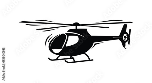 A black silhouette of a helicopter in mid flight against a white background