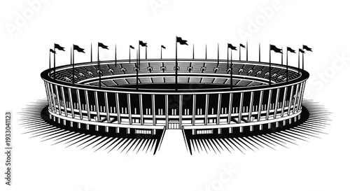 Black and white illustration of a large circular stadium with flags