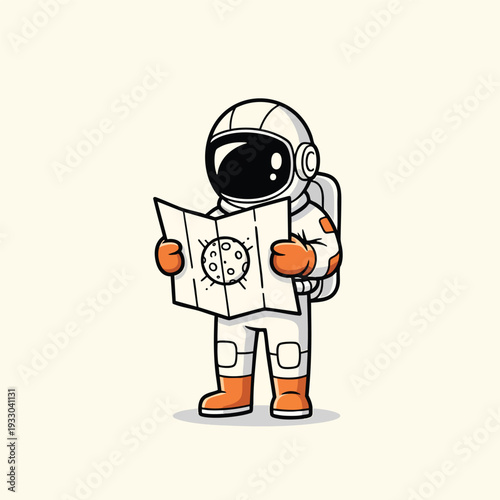 A cartoon astronaut in a white suit, orange accents, helmet, and backpack, reading a map of a celestial body on a cream background