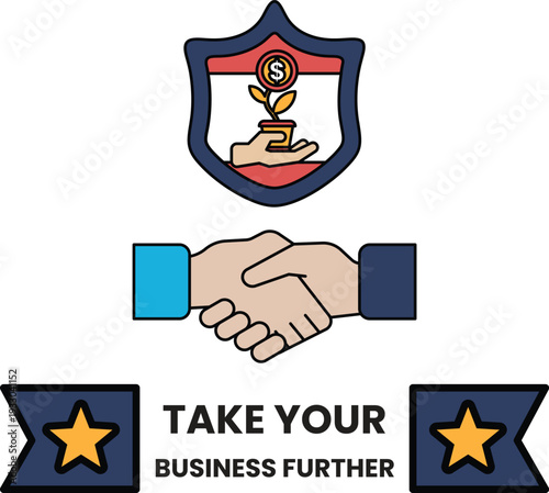 A black and white image of two hands shaking with a shield behind them