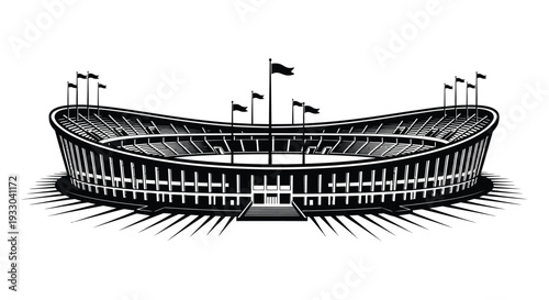 Black and white illustration of a large stadium with multiple flags flying