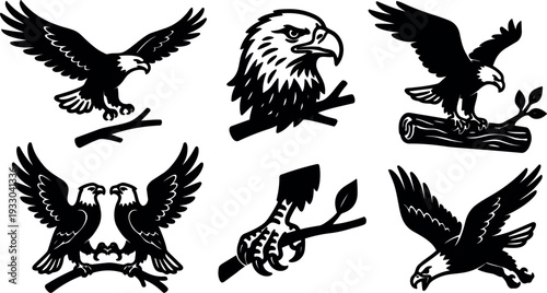 Tattoo flash eagle head and flying poses vector set with talon branch close up bold black silhouettes dramatic perched pair